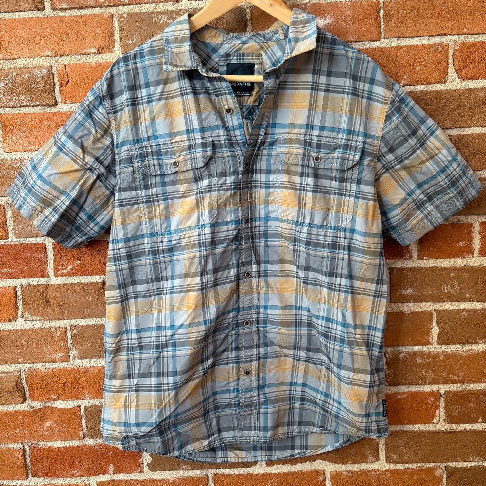 PrAna Mens Short Sleeve Button Up Shirt "Cayman" Blue Plaid Size L